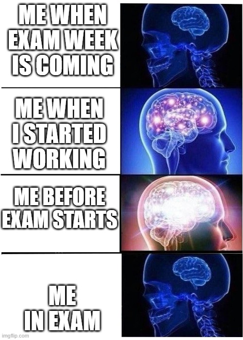 brain expanding | ME WHEN EXAM WEEK IS COMING; ME WHEN I STARTED WORKING; ME BEFORE EXAM STARTS; ME IN EXAM | image tagged in brain expanding | made w/ Imgflip meme maker