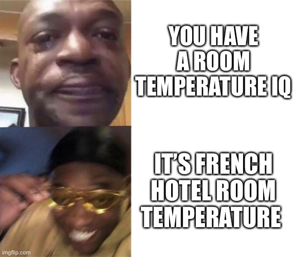 Black Guy Crying and Black Guy Laughing | YOU HAVE A ROOM TEMPERATURE IQ; IT’S FRENCH HOTEL ROOM TEMPERATURE | image tagged in black guy crying and black guy laughing | made w/ Imgflip meme maker