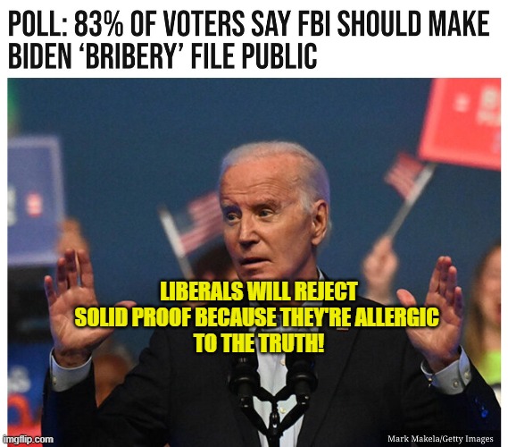Biden will threaten the FBI if they try to release it! | LIBERALS WILL REJECT SOLID PROOF BECAUSE THEY'RE ALLERGIC 
TO THE TRUTH! | image tagged in creepy joe biden,fbi | made w/ Imgflip meme maker