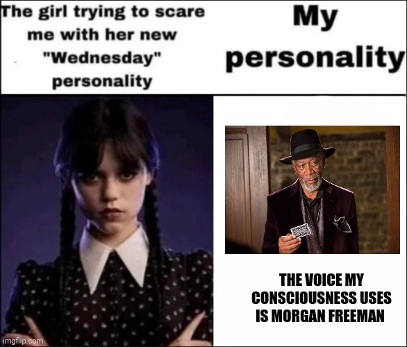 My inner voice is Freeman | THE VOICE MY CONSCIOUSNESS USES IS MORGAN FREEMAN | image tagged in the girl trying to scare me with her new wednesday personality | made w/ Imgflip meme maker