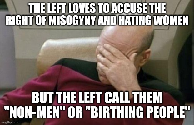 Now tell me who hates women. How about the left explain this and why they condone it. | THE LEFT LOVES TO ACCUSE THE RIGHT OF MISOGYNY AND HATING WOMEN; BUT THE LEFT CALL THEM "NON-MEN" OR "BIRTHING PEOPLE" | image tagged in memes,captain picard facepalm | made w/ Imgflip meme maker