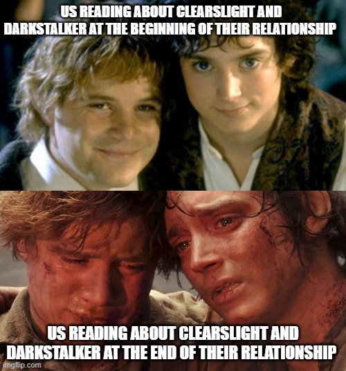 Sam and Frodo Reading Darkstalker | US READING ABOUT CLEARSLIGHT AND DARKSTALKER AT THE BEGINNING OF THEIR RELATIONSHIP; US READING ABOUT CLEARSLIGHT AND DARKSTALKER AT THE END OF THEIR RELATIONSHIP | image tagged in sam and frodo before and after mt doom | made w/ Imgflip meme maker