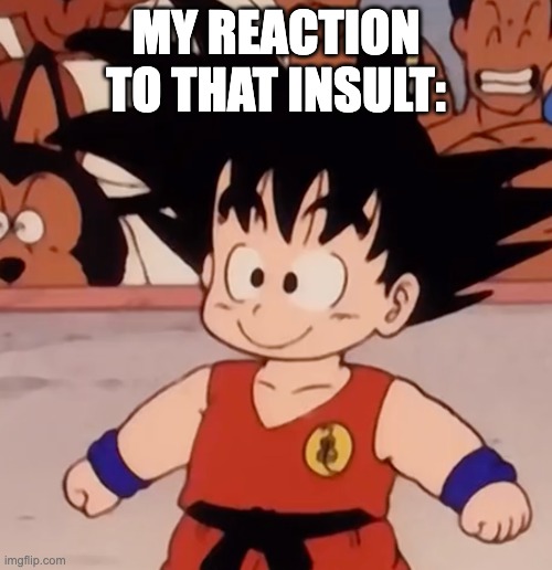Kid Goku's goofy smile | MY REACTION TO THAT INSULT: | image tagged in kid goku's goofy smile | made w/ Imgflip meme maker