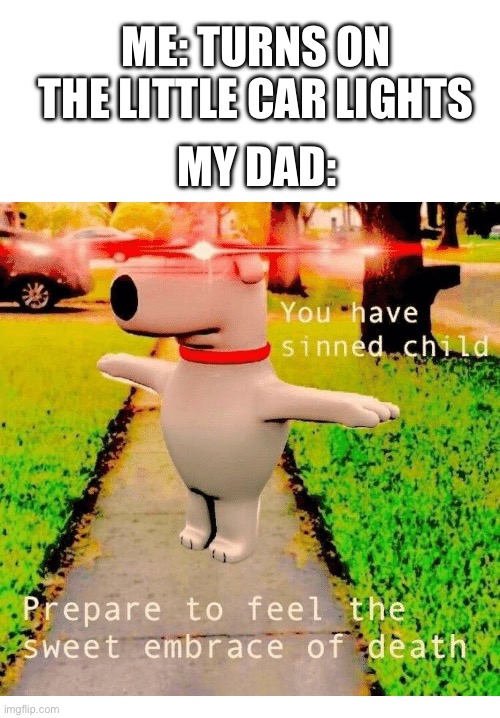 Relatable | ME: TURNS ON THE LITTLE CAR LIGHTS; MY DAD: | image tagged in blank white template,you have sinned child prepare to feel the sweet embrace of death | made w/ Imgflip meme maker