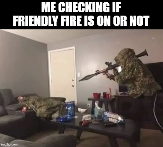 friendly fire | ME CHECKING IF FRIENDLY FIRE IS ON OR NOT | image tagged in gaming | made w/ Imgflip meme maker