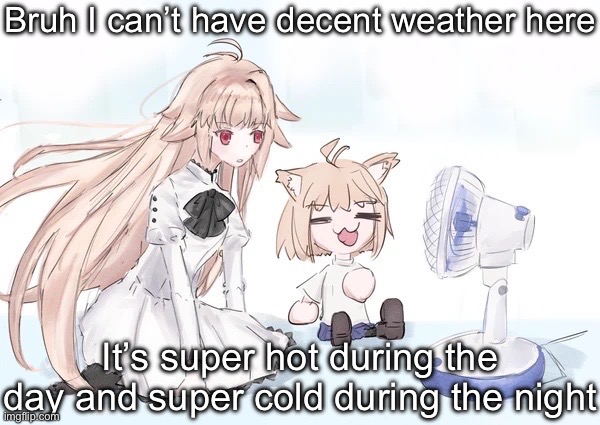 Neco arc | Bruh I can’t have decent weather here; It’s super hot during the day and super cold during the night | image tagged in neco arc | made w/ Imgflip meme maker