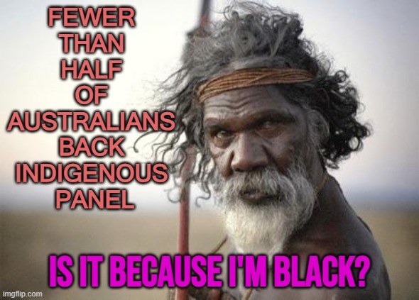 Is It Because I'm Black? | FEWER 
THAN 
HALF 
OF 
AUSTRALIANS 
BACK 
INDIGENOUS 
PANEL; IS IT BECAUSE I'M BLACK? | image tagged in aboriginal | made w/ Imgflip meme maker