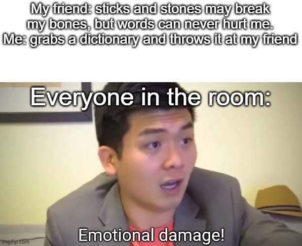 sussy friend's consequences | My friend: sticks and stones may break my bones, but words can never hurt me.
Me: grabs a dictionary and throws it at my friend; Everyone in the room: | image tagged in emotional damage | made w/ Imgflip meme maker