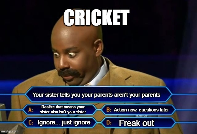 Cricket's Options | CRICKET; Your sister tells you your parents aren't your parents; Realize that means your sister also isn't your sister; Action now, questions later; Ignore... just ignore; Freak out | image tagged in who wants to be a millionaire | made w/ Imgflip meme maker