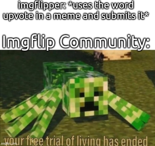 imgflipper: *uses the word upvote in a meme and submits it*; Imgflip Community: | image tagged in blank white template,your free trial of living has ended | made w/ Imgflip meme maker