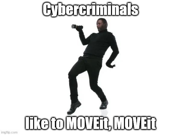 Moving your data into their hands | Cybercriminals; like to MOVEit, MOVEit | image tagged in dancing,hacker | made w/ Imgflip meme maker
