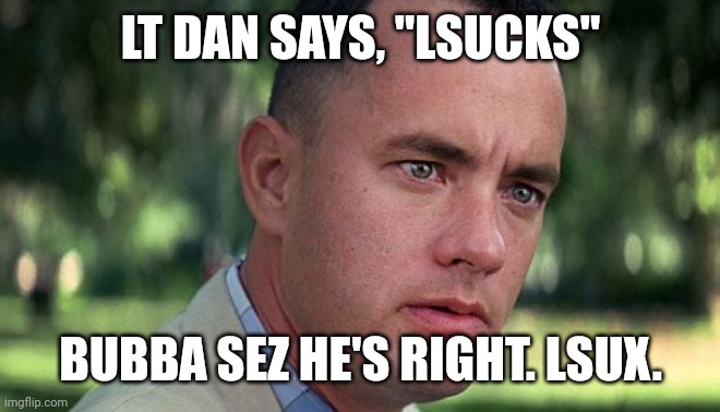 Forest Gump | LT DAN SAYS, "LSUCKS"; BUBBA SEZ HE'S RIGHT. LSUX. | image tagged in forest gump | made w/ Imgflip meme maker