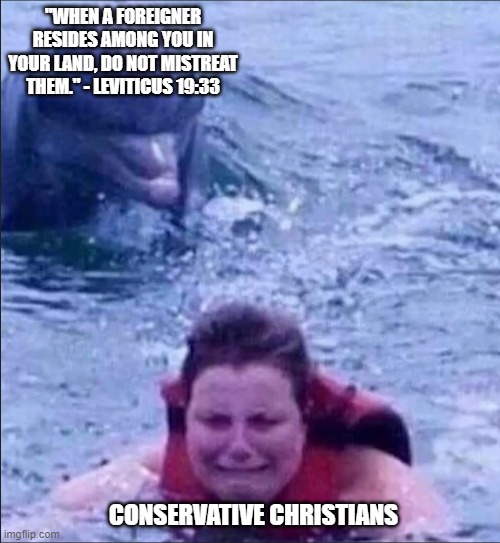 LOL | "WHEN A FOREIGNER RESIDES AMONG YOU IN YOUR LAND, DO NOT MISTREAT THEM." - LEVITICUS 19:33; CONSERVATIVE CHRISTIANS | image tagged in kid fears dolphins | made w/ Imgflip meme maker