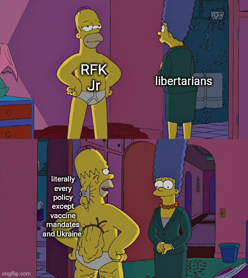 Homer Simpson's Back Fat | libertarians; RFK Jr; literally every policy except vaccine mandates and Ukraine | image tagged in homer simpson's back fat | made w/ Imgflip meme maker