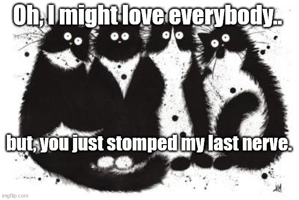 my last nerve! | Oh, I might love everybody.. but, you just stomped my last nerve. | image tagged in cats,relationships,cute cat | made w/ Imgflip meme maker