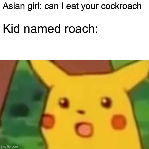Surprised Pikachu | Asian girl: can I eat your cockroach; Kid named roach: | image tagged in memes,surprised pikachu | made w/ Imgflip meme maker