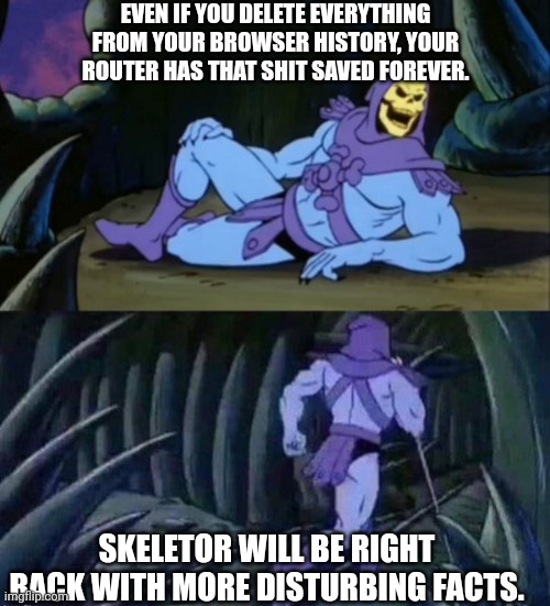 Ye | EVEN IF YOU DELETE EVERYTHING FROM YOUR BROWSER HISTORY, YOUR ROUTER HAS THAT SHIT SAVED FOREVER. SKELETOR WILL BE RIGHT BACK WITH MORE DISTURBING FACTS. | image tagged in skeletor disturbing facts | made w/ Imgflip meme maker