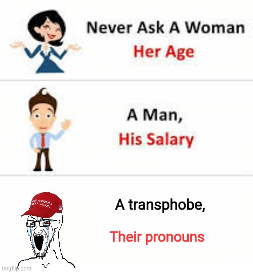 Just don't risk it | A transphobe, Their pronouns | image tagged in never ask a woman her age | made w/ Imgflip meme maker
