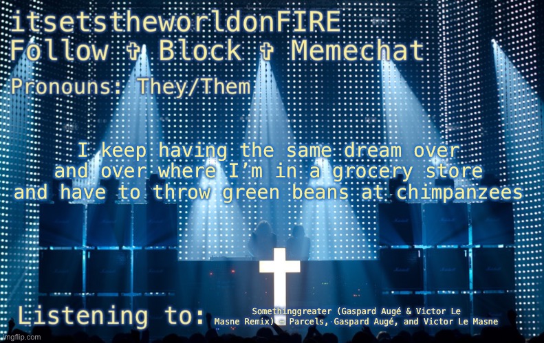 its weird asf bro ☠️ | I keep having the same dream over and over where I’m in a grocery store and have to throw green beans at chimpanzees; Somethinggreater (Gaspard Augé & Victor Le Masne Remix) - Parcels, Gaspard Augé, and Victor Le Masne | made w/ Imgflip meme maker