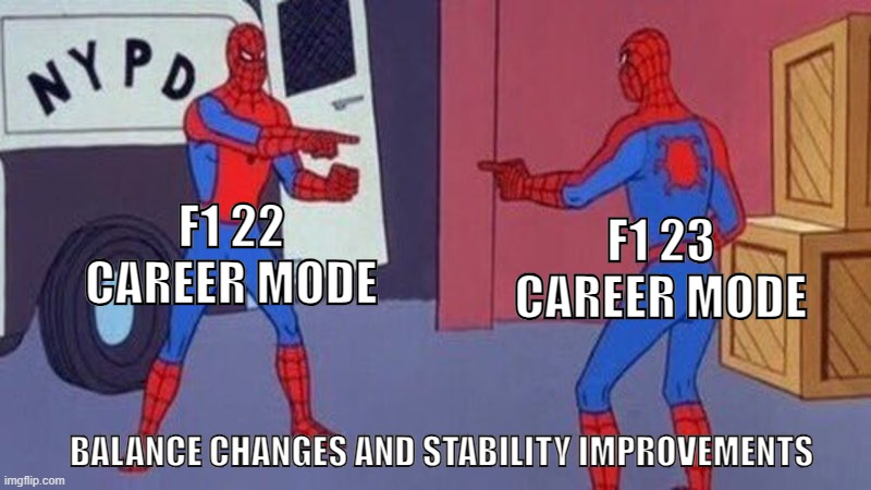 Difference between F1 22 & F1 23 Career Mode | F1 22 CAREER MODE; F1 23 CAREER MODE; BALANCE CHANGES AND STABILITY IMPROVEMENTS | image tagged in spiderman pointing at spiderman,f1 22,f1 23,racing,formula 1,memes | made w/ Imgflip meme maker
