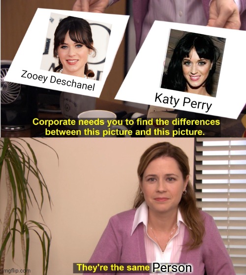 They're The Same Picture | Zooey Deschanel; Katy Perry; Person | image tagged in memes,they're the same picture | made w/ Imgflip meme maker