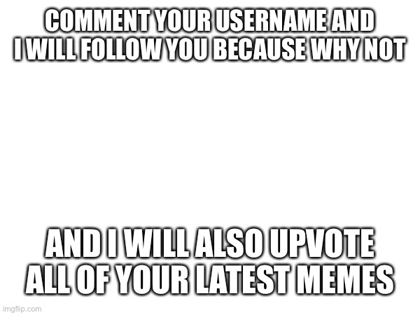 Comment beggar | COMMENT YOUR USERNAME AND I WILL FOLLOW YOU BECAUSE WHY NOT; AND I WILL ALSO UPVOTE ALL OF YOUR LATEST MEMES | image tagged in comments,follow,upvotes | made w/ Imgflip meme maker