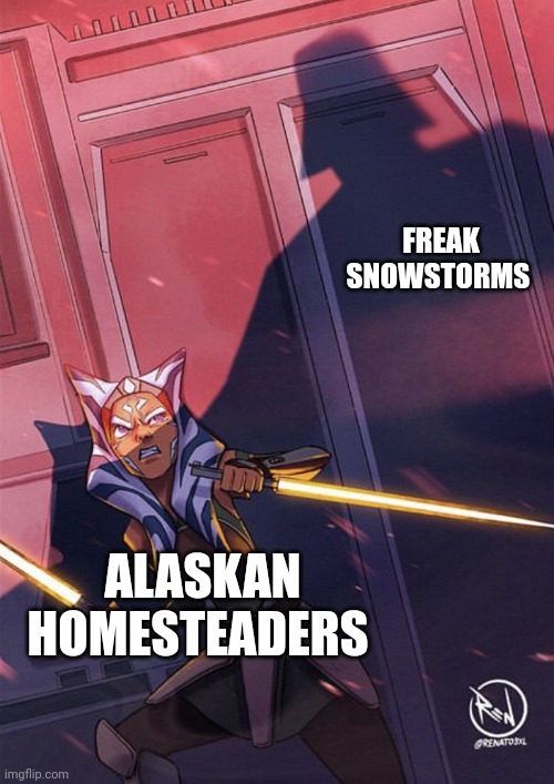 Alaskan homesteaders are a totally different breed of insane | FREAK SNOWSTORMS; ALASKAN HOMESTEADERS | image tagged in ahsoka vs vader | made w/ Imgflip meme maker