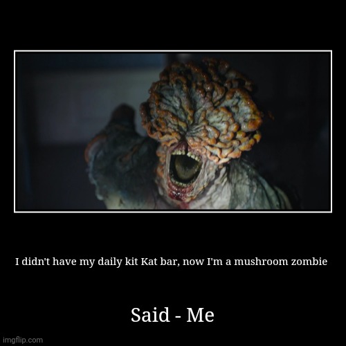 Kit Kat is the only thing keeping me from becoming a mushroom zombie | I didn't have my daily kit Kat bar, now I'm a mushroom zombie | Said - Me | image tagged in funny,demotivationals | made w/ Imgflip demotivational maker
