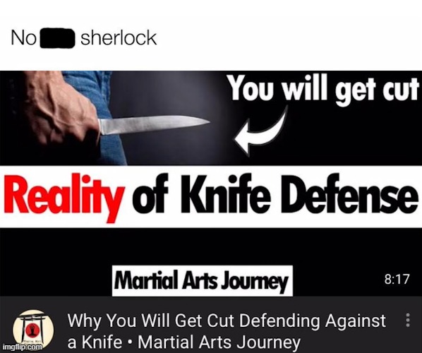 image tagged in knife,defense,cut,no shit sherlock | made w/ Imgflip meme maker