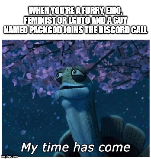 My time has come | WHEN YOU'RE A FURRY, EMO, FEMINIST OR LGBTQ AND A GUY NAMED PACKGOD JOINS THE DISCORD CALL | image tagged in my time has come | made w/ Imgflip meme maker