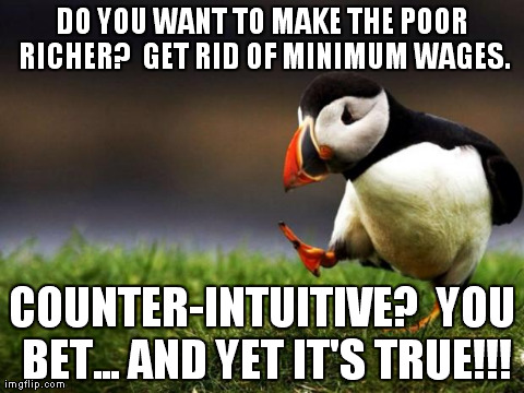 Unpopular Opinion Puffin | DO YOU WANT TO MAKE THE POOR RICHER?  GET RID OF MINIMUM WAGES. COUNTER-INTUITIVE?  YOU BET... AND YET IT'S TRUE!!! | image tagged in memes,unpopular opinion puffin | made w/ Imgflip meme maker