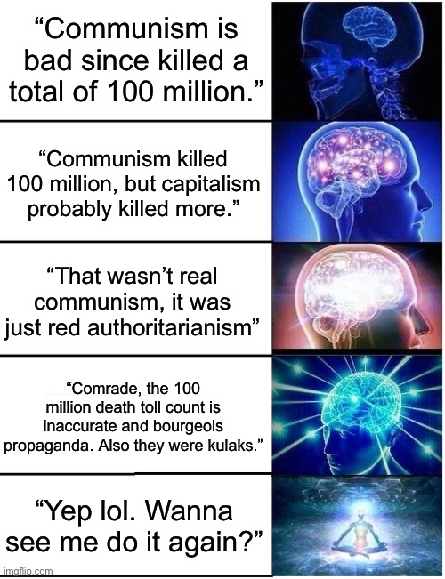 A meme I made that may be a bit too political for here, but it’s not political enough for the politics stream. So… here I am | “Communism is bad since killed a total of 100 million.”; “Communism killed 100 million, but capitalism probably killed more.”; “That wasn’t real communism, it was just red authoritarianism”; “Comrade, the 100 million death toll count is inaccurate and bourgeois propaganda. Also they were kulaks.”; “Yep lol. Wanna see me do it again?” | image tagged in expanding brain 5 panel | made w/ Imgflip meme maker