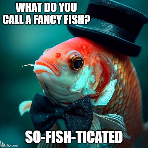 Fishy | WHAT DO YOU CALL A FANCY FISH? SO-FISH-TICATED | image tagged in jokes,dad joke,fish,top hat | made w/ Imgflip meme maker