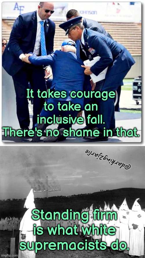 Brave Bold Brandon | It takes courage to take an inclusive fall. There's no shame in that. @darking2jarlie; Standing firm is what white supremacists do. | image tagged in biden,joe biden,democrats,white supremacy,liberal logic,america | made w/ Imgflip meme maker