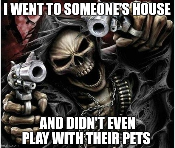 Badass Skeleton | I WENT TO SOMEONE'S HOUSE; AND DIDN'T EVEN PLAY WITH THEIR PETS | image tagged in badass skeleton | made w/ Imgflip meme maker