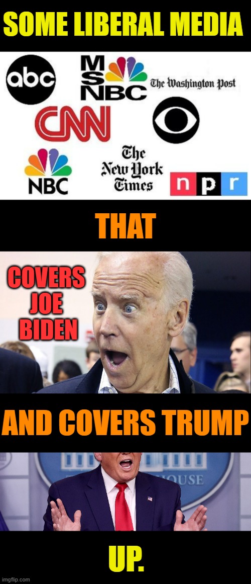 The Ways Of Liberal Media | SOME LIBERAL MEDIA; COVERS JOE  BIDEN; THAT; AND COVERS TRUMP; UP. | image tagged in politics,media,joe biden,cover,donald trump,cover up | made w/ Imgflip meme maker
