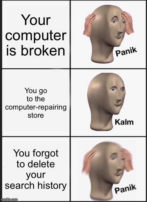 Oh no | Your computer is broken; You go to the computer-repairing store; You forgot to delete your search history | image tagged in memes,panik kalm panik | made w/ Imgflip meme maker