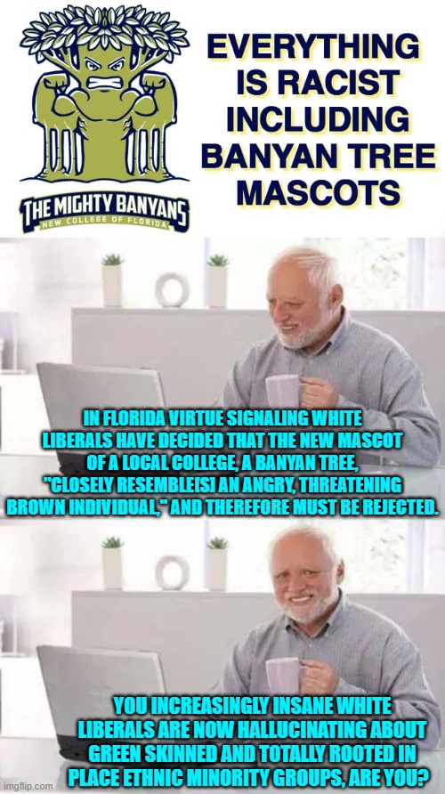 Yeah . . . this is actually true.  The Left is getting whackier and whackier. | IN FLORIDA VIRTUE SIGNALING WHITE LIBERALS HAVE DECIDED THAT THE NEW MASCOT OF A LOCAL COLLEGE, A BANYAN TREE, "CLOSELY RESEMBLE[S] AN ANGRY, THREATENING BROWN INDIVIDUAL," AND THEREFORE MUST BE REJECTED. YOU INCREASINGLY INSANE WHITE LIBERALS ARE NOW HALLUCINATING ABOUT GREEN SKINNED AND TOTALLY ROOTED IN PLACE ETHNIC MINORITY GROUPS, ARE YOU? | image tagged in truth | made w/ Imgflip meme maker