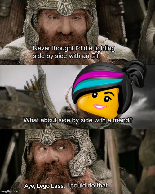 Gimli and WyldStyle | Aye, Lego Lass. | image tagged in lord of the rings,the lego movie | made w/ Imgflip meme maker