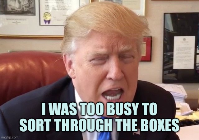 What a dumb excuse | I WAS TOO BUSY TO SORT THROUGH THE BOXES | image tagged in trump crying,memes | made w/ Imgflip meme maker
