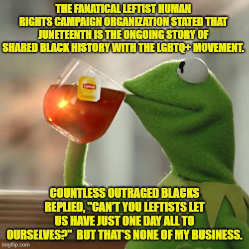 Yeah . . . this definitely ran counter to the Left's political narrative. | THE FANATICAL LEFTIST HUMAN RIGHTS CAMPAIGN ORGANIZATION STATED THAT JUNETEENTH IS THE ONGOING STORY OF SHARED BLACK HISTORY WITH THE LGBTQ+ MOVEMENT. COUNTLESS OUTRAGED BLACKS REPLIED, "CAN'T YOU LEFTISTS LET US HAVE JUST ONE DAY ALL TO OURSELVES?"  BUT THAT'S NONE OF MY BUSINESS. | image tagged in but that's none of my business | made w/ Imgflip meme maker