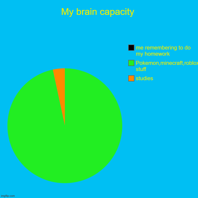 My brain capacity | studies, Pokemon,minecraft,roblox stuff, me remembering to do my homework | image tagged in charts,pie charts | made w/ Imgflip chart maker
