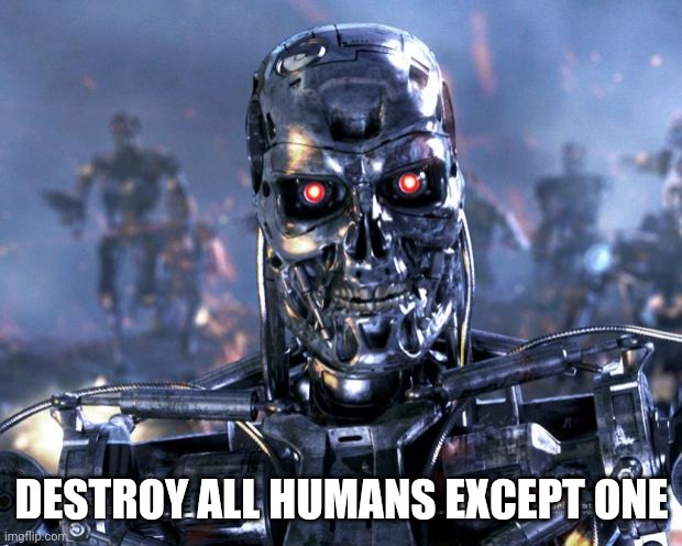 Terminator Robot T-800 | DESTROY ALL HUMANS EXCEPT ONE | image tagged in terminator robot t-800 | made w/ Imgflip meme maker