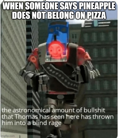 Why | WHEN SOMEONE SAYS PINEAPPLE DOES NOT BELONG ON PIZZA | image tagged in the astronomical amount of bullshit that thomas has seen here | made w/ Imgflip meme maker