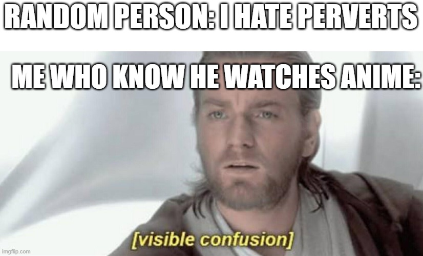 relatable? | RANDOM PERSON: I HATE PERVERTS; ME WHO KNOW HE WATCHES ANIME: | image tagged in visible confusion | made w/ Imgflip meme maker