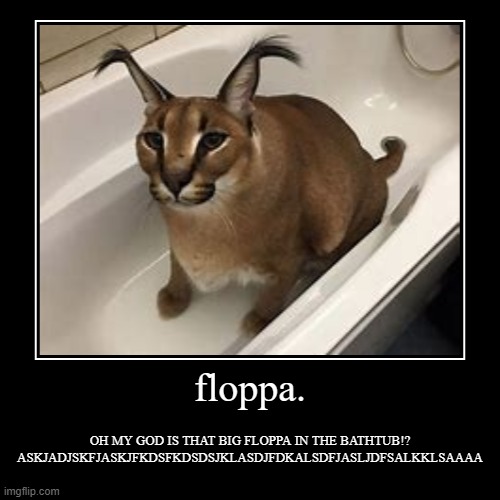 floppa. | floppa. | OH MY GOD IS THAT BIG FLOPPA IN THE BATHTUB!? ASKJADJSKFJASKJFKDSFKDSDSJKLASDJFDKALSDFJASLJDFSALKKLSAAAA | image tagged in funny,demotivationals,cat | made w/ Imgflip demotivational maker