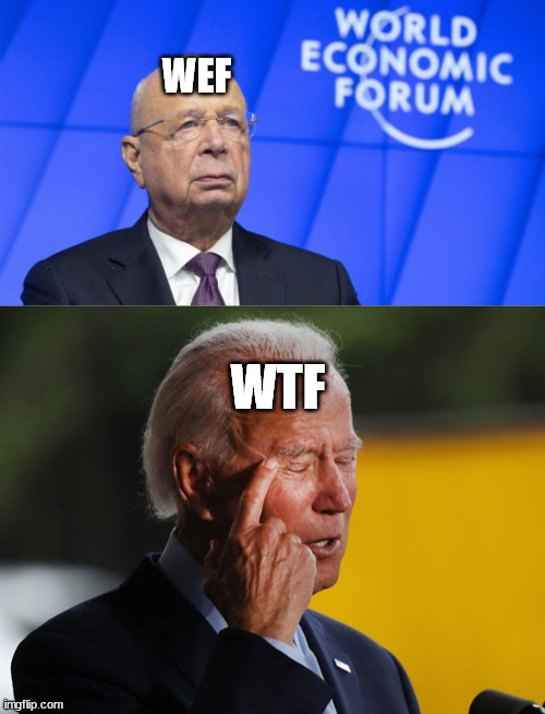 Just some random thing. | WEF; WTF | image tagged in klaus schwab wef blue banner,biden confused,poltiics | made w/ Imgflip meme maker
