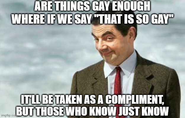 Mr. Bean Eyebrows | ARE THINGS GAY ENOUGH WHERE IF WE SAY "THAT IS SO GAY"; IT'LL BE TAKEN AS A COMPLIMENT, BUT THOSE WHO KNOW JUST KNOW | image tagged in mr bean eyebrows | made w/ Imgflip meme maker
