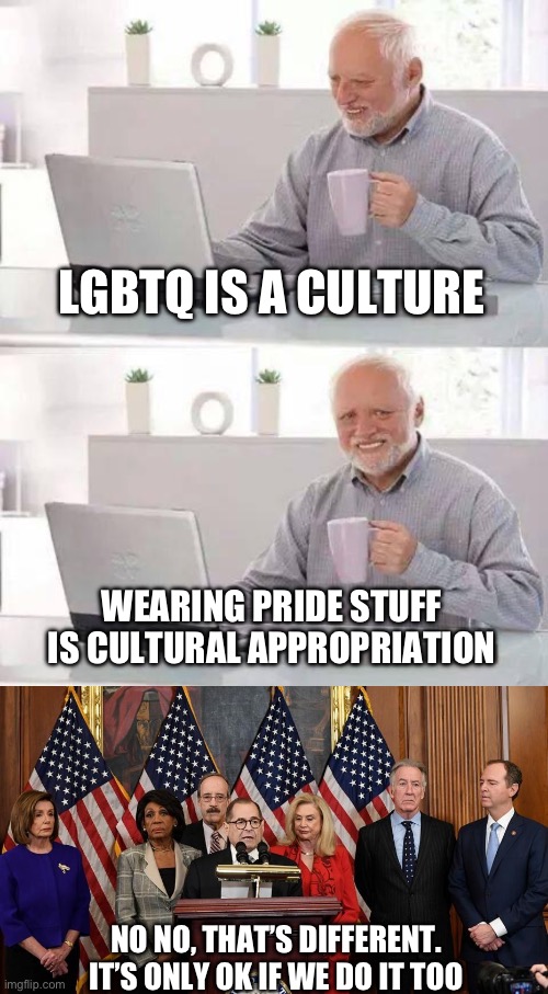 Hypocrisy, 101 | LGBTQ IS A CULTURE; WEARING PRIDE STUFF IS CULTURAL APPROPRIATION; NO NO, THAT’S DIFFERENT. IT’S ONLY OK IF WE DO IT TOO | image tagged in memes,hide the pain harold,house democrats | made w/ Imgflip meme maker