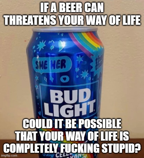 LGBTQ Bud Light | IF A BEER CAN THREATENS YOUR WAY OF LIFE; COULD IT BE POSSIBLE THAT YOUR WAY OF LIFE IS COMPLETELY FUCKING STUPID? | image tagged in lgbtq bud light | made w/ Imgflip meme maker